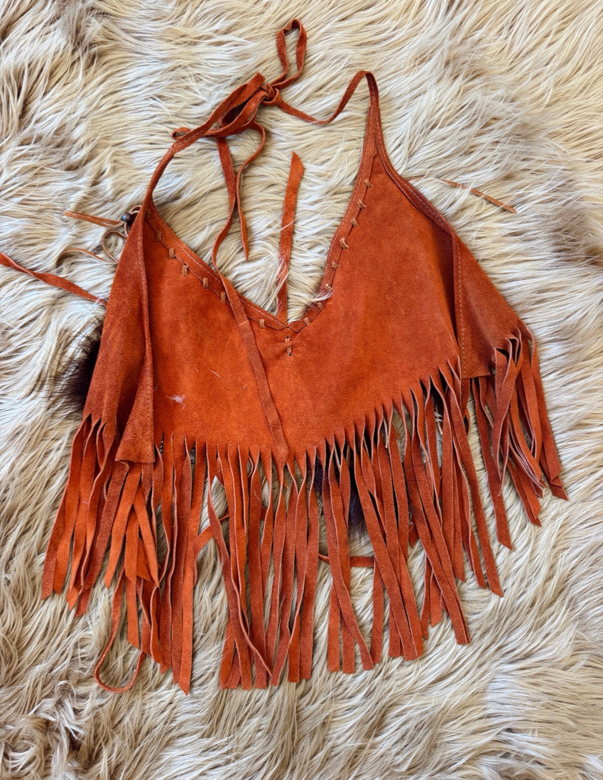Vintage Suede Fringe Feather Halter Top