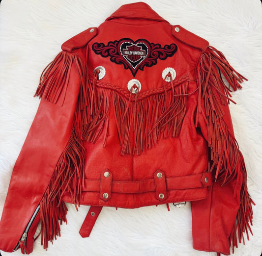 Vintage Red Fringe Harley Leather Jacket