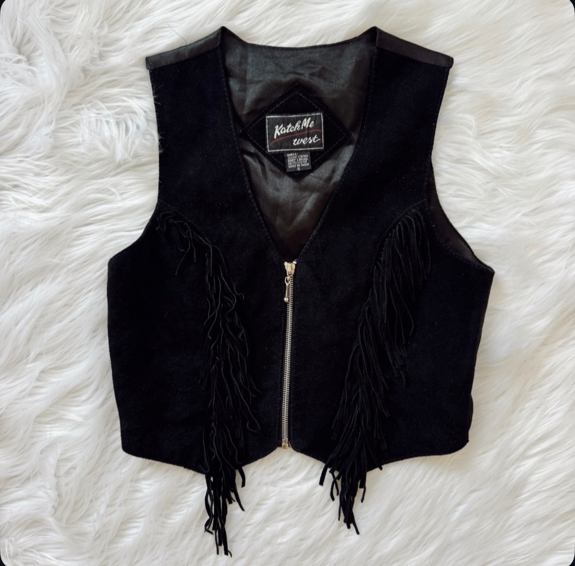 Vintage Black Fringe Zip Up Vest