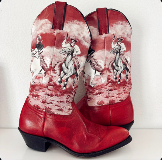 Vintage Red Western Scene Cowboy Boots