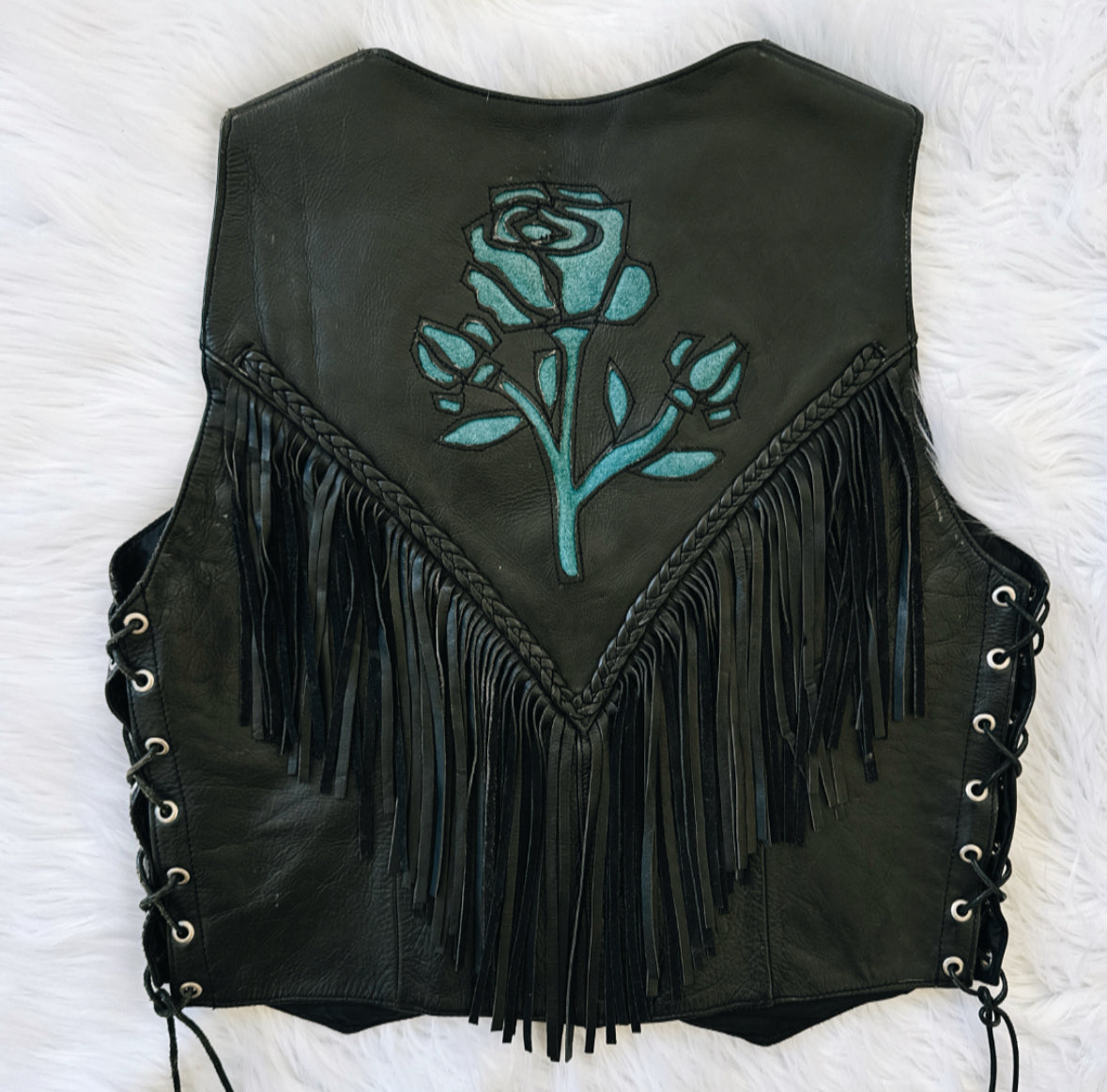 Vintage Blue Rose Fringe Vest