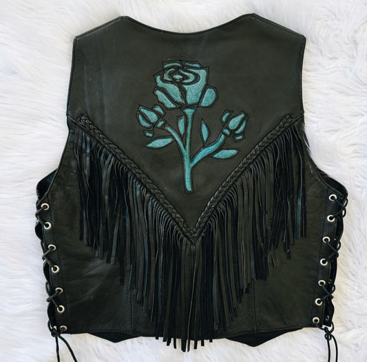 Vintage Blue Rose Fringe Vest