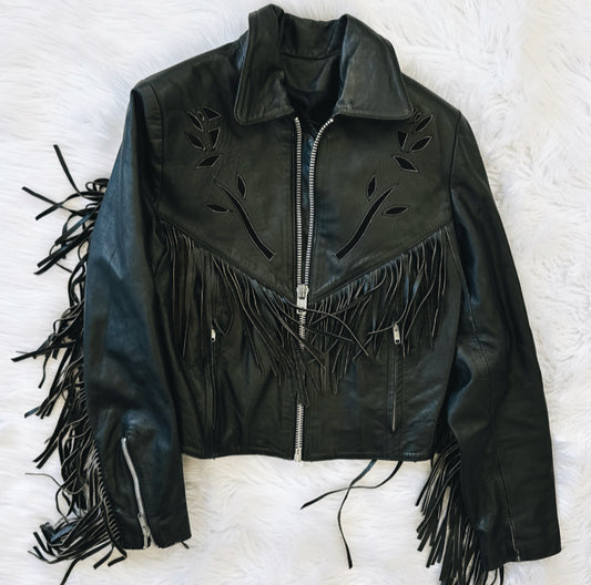 Vintage Rose Fringe Leather Jacket
