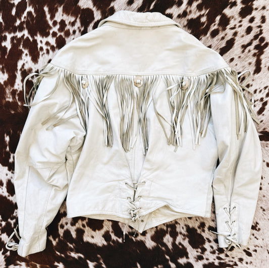 Vintage White Fringe Leather Jacket