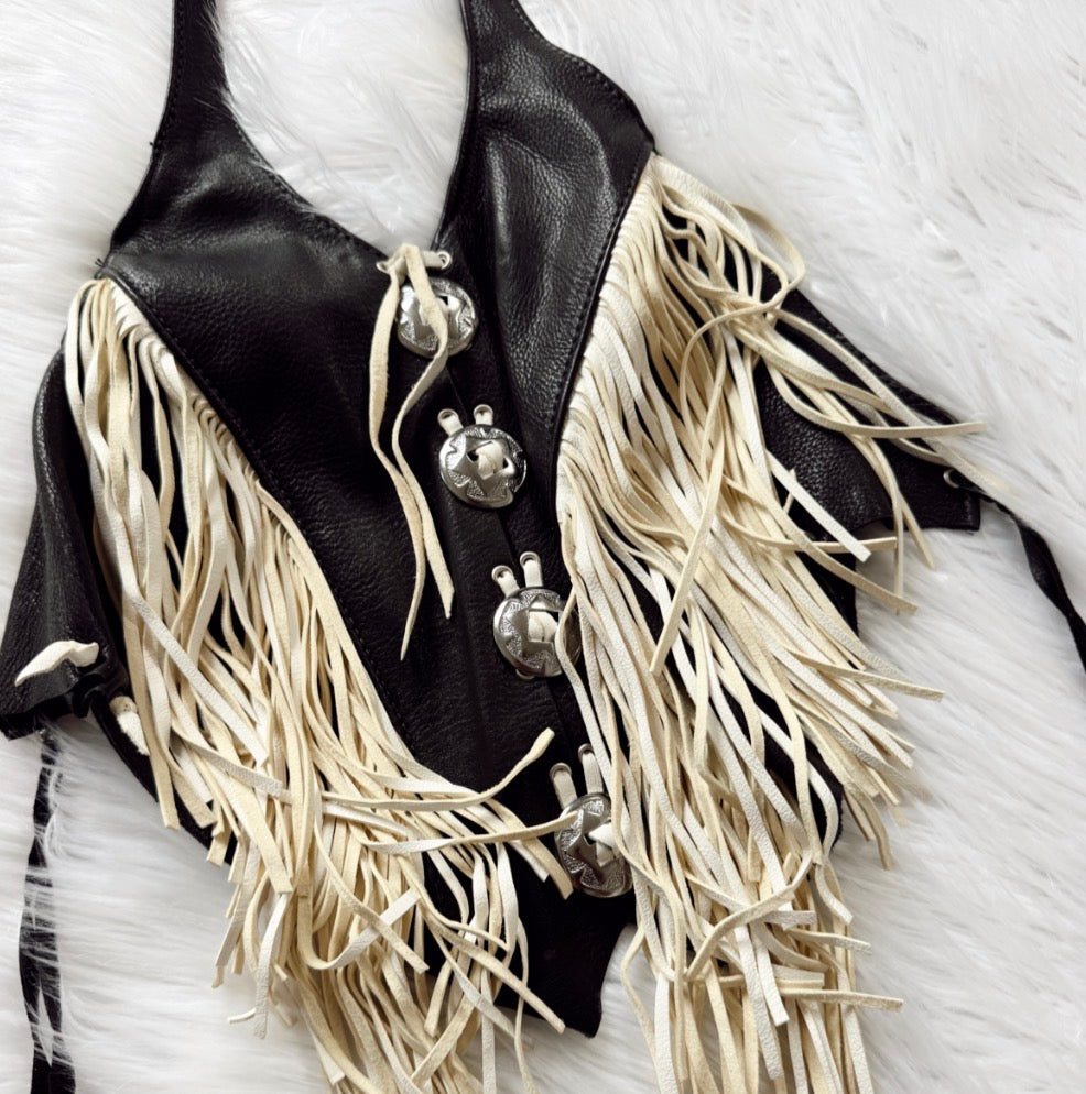 Vintage Black & White Fringe Leather Halter Top