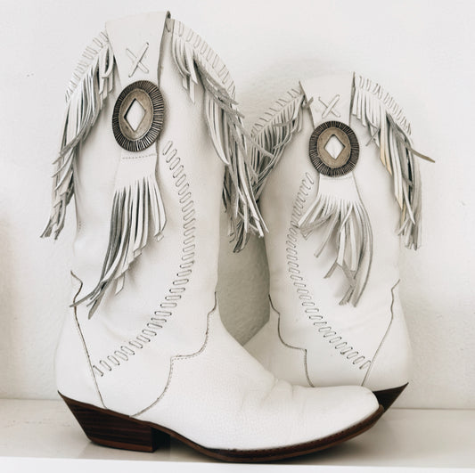 Vintage White Fringe Cowboy Boots