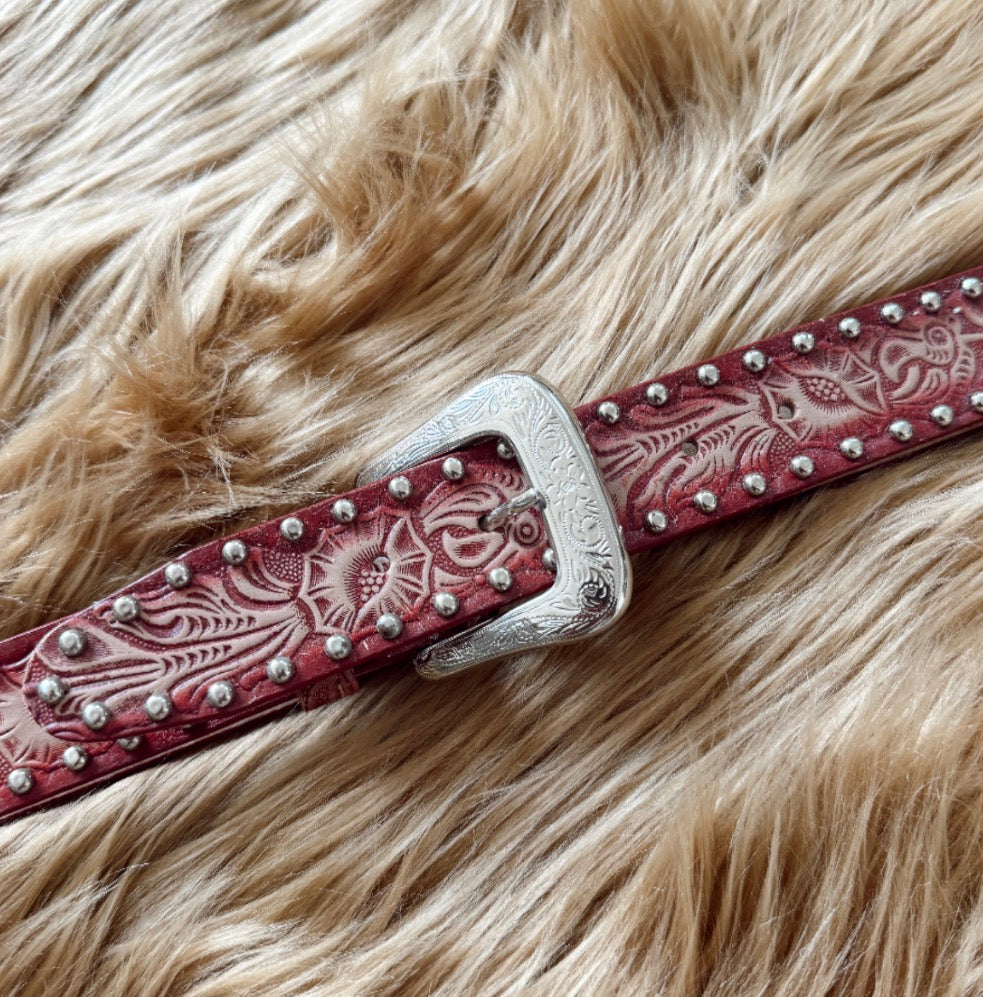Vintage Red Studded Tooled Leather Belt