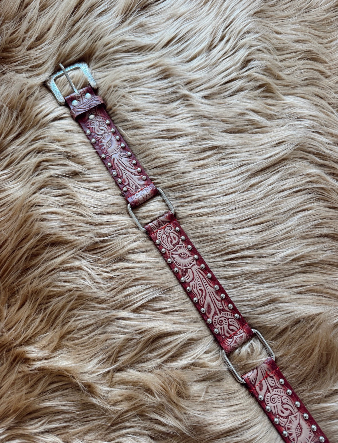 Vintage Red Studded Tooled Leather Belt