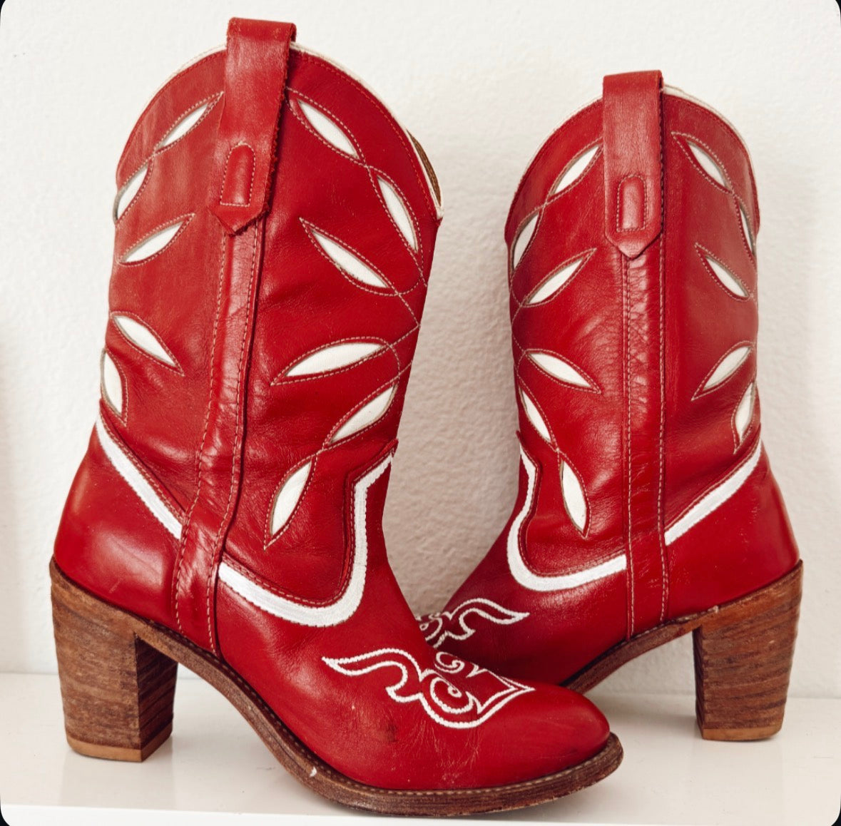 Vintage Red & White Inlay Cowboy Boots