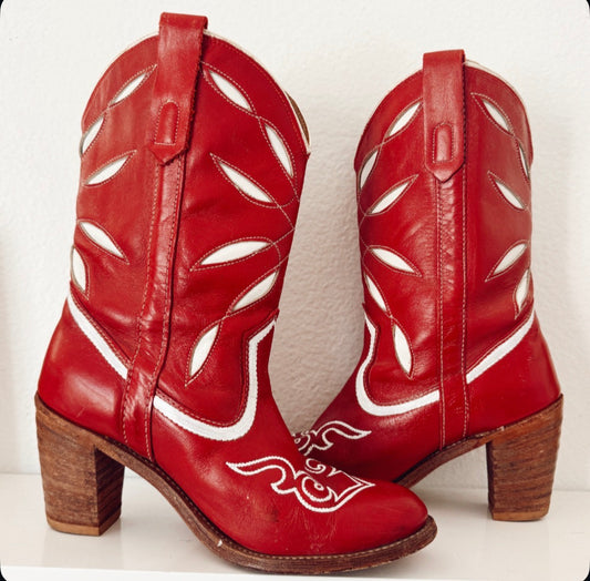 Vintage Red & White Inlay Cowboy Boots
