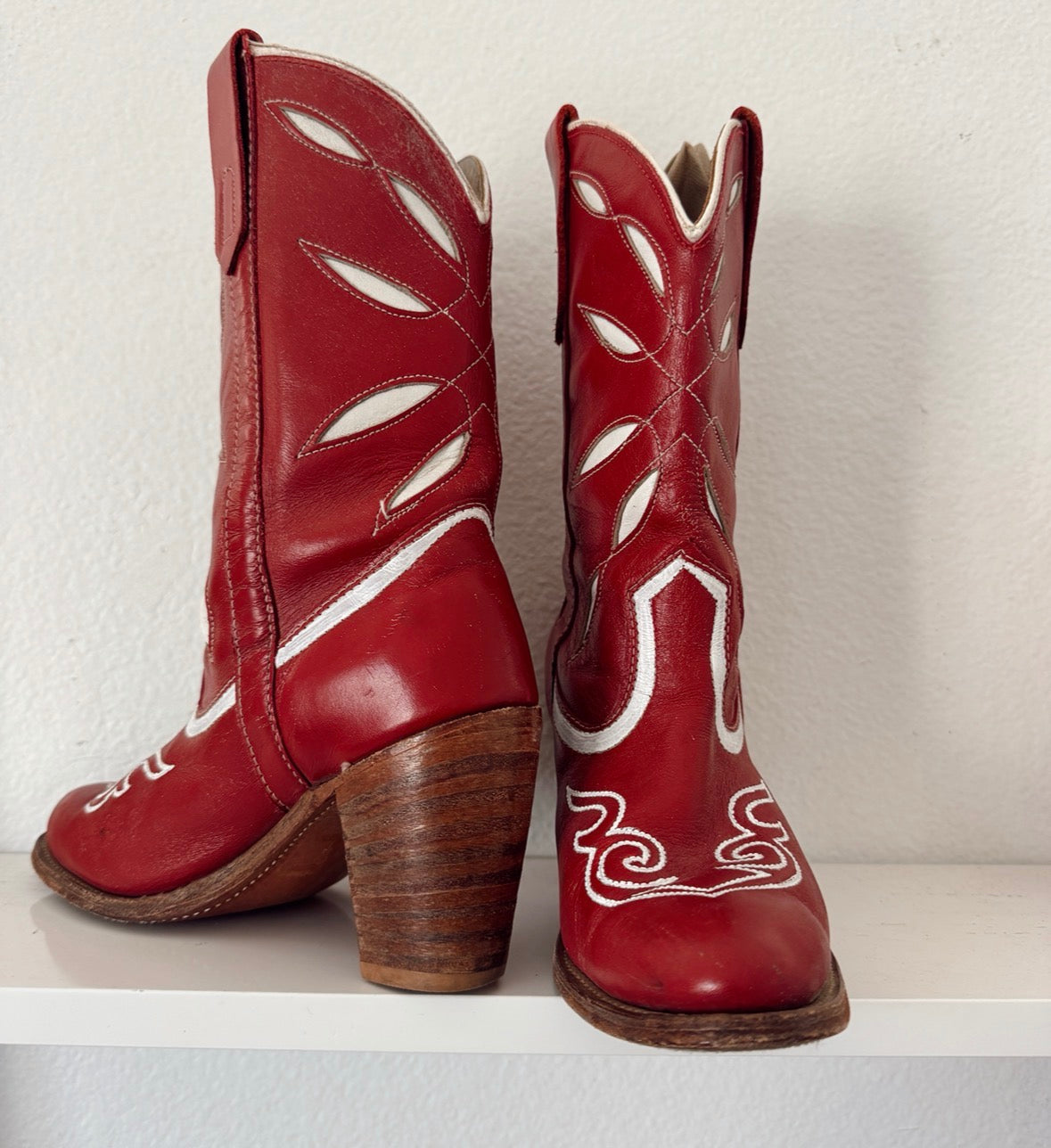 Vintage Red & White Inlay Cowboy Boots