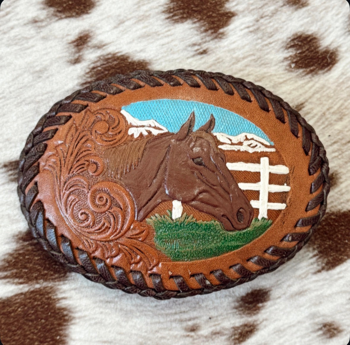 Vintage Horse Leather Tooled Belt Buckle