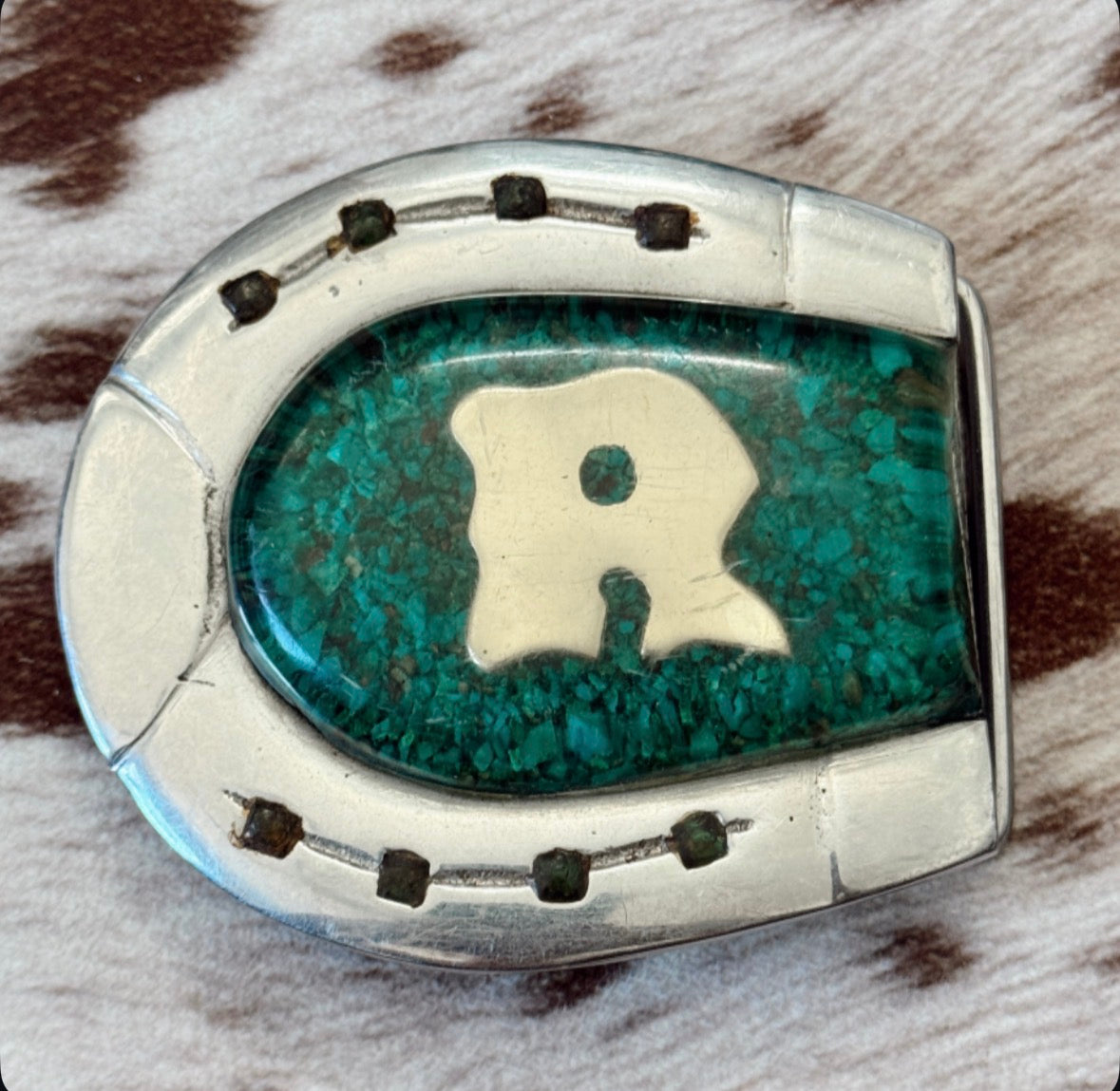 Vintage R Turquoise Belt Buckle