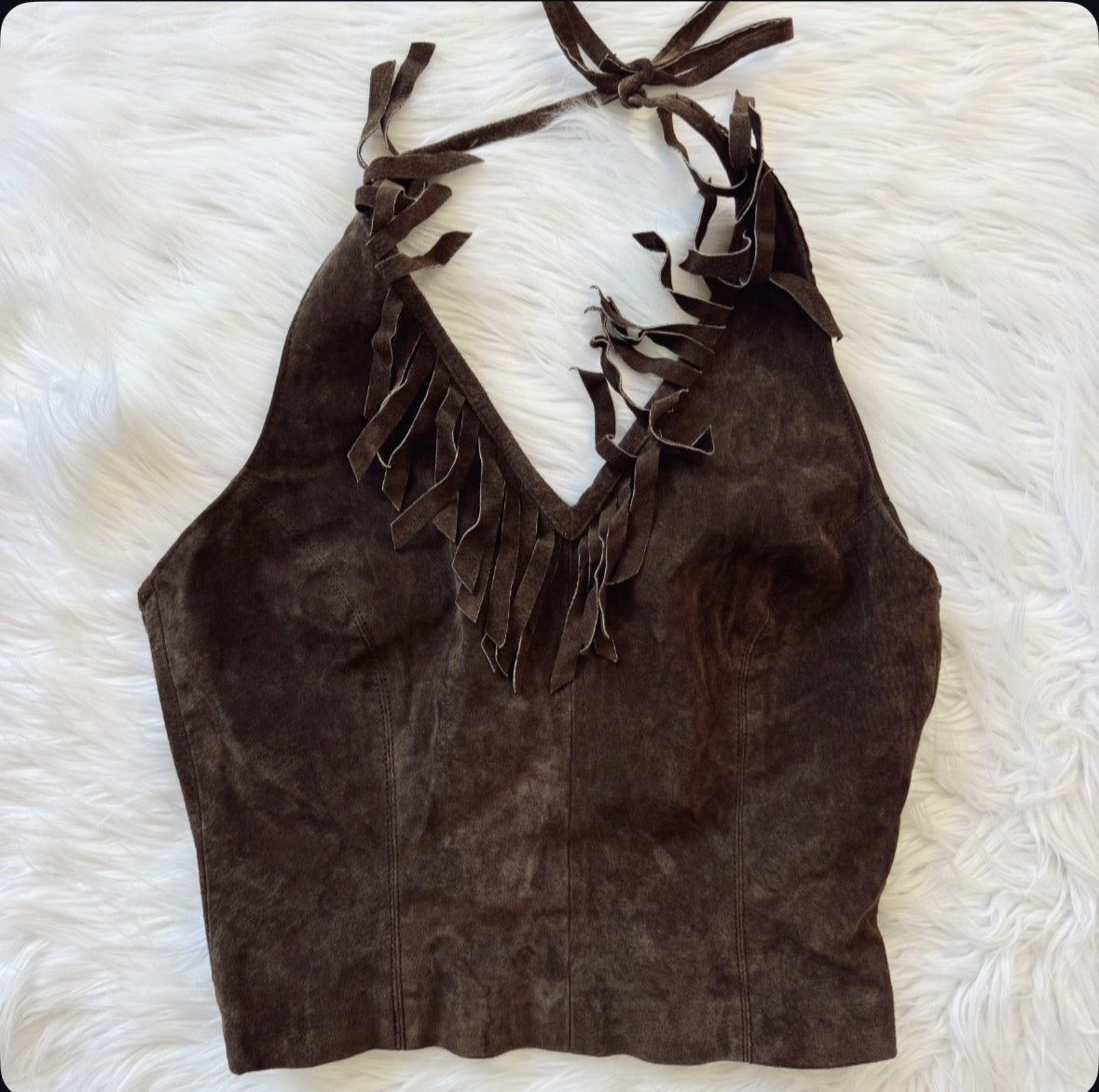 Vintage Brown Suede Fringe Halter Top