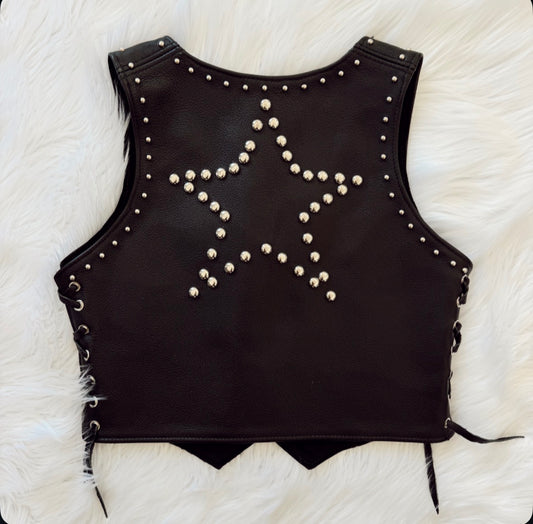 Vintage Black Leather Studded Star Vest