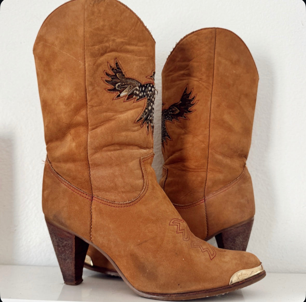 Vintage Eagle Feather Inlay Cowboy Boots