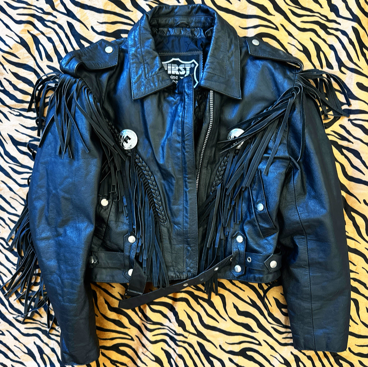 Vintage Black Leather Fringe Concho Jacket