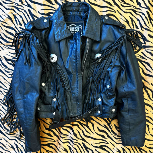 Vintage Black Leather Fringe Concho Jacket