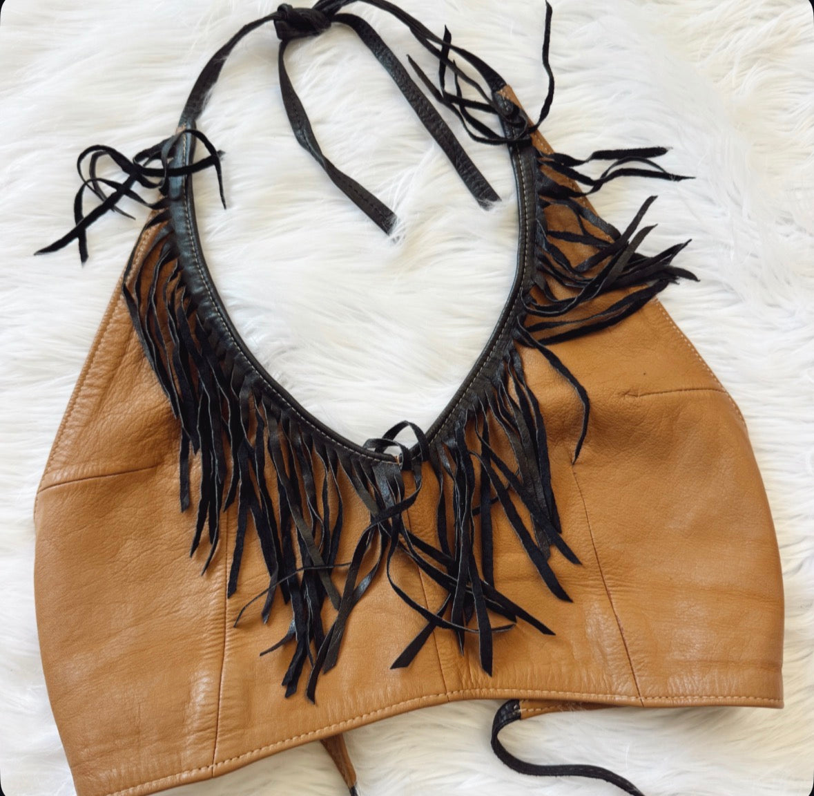 Vintage Tan & Black Leather Fringe Halter Top