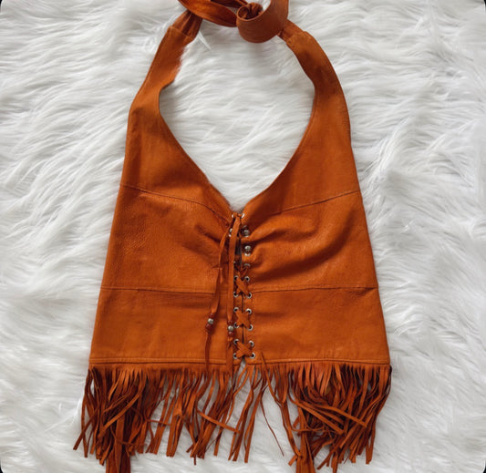 Vintage Orange Leather Halter Top