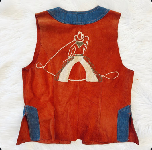 Vintage Cowboy Embroidered Leather & Denim Vest