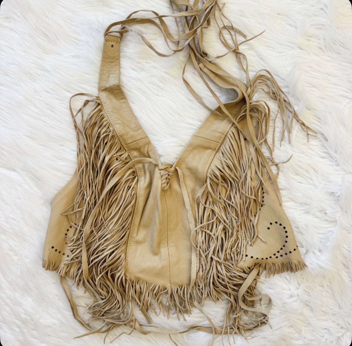 Vintage Tan Fringe Leather Halter Top