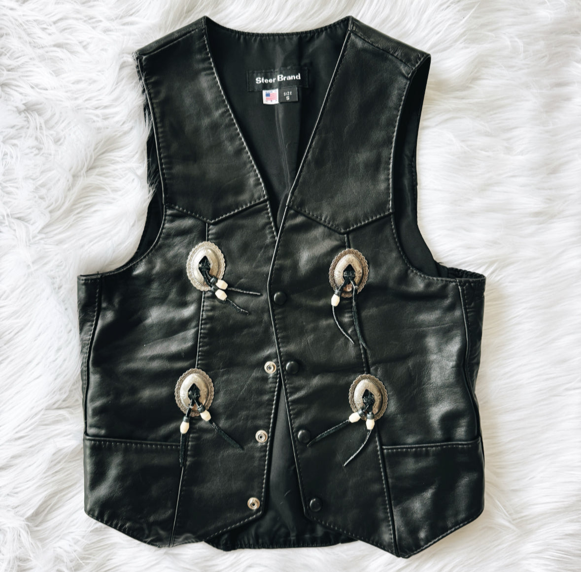 Vintage Black Leather Concho Vest