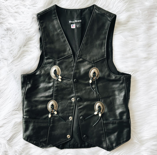 Vintage Black Leather Concho Vest