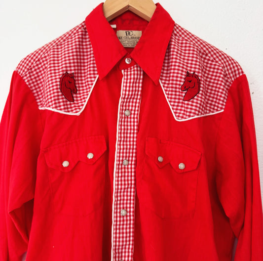 Vintage Gingham Embroidered Horses Pearl Snap