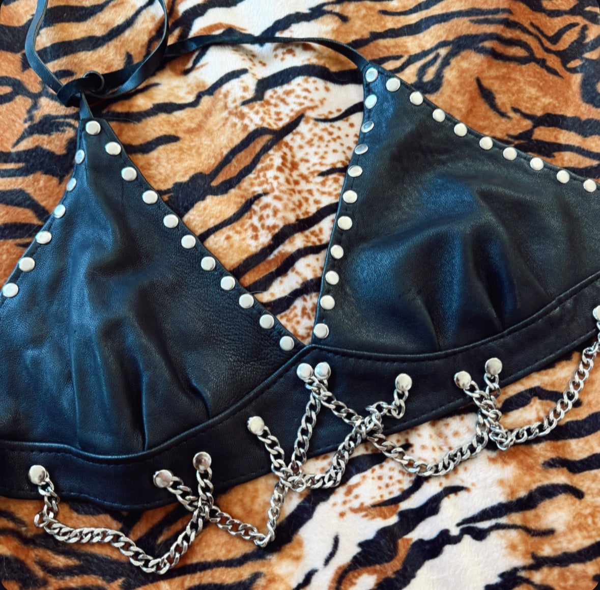 Vintage Black Leather Chain Halter Top