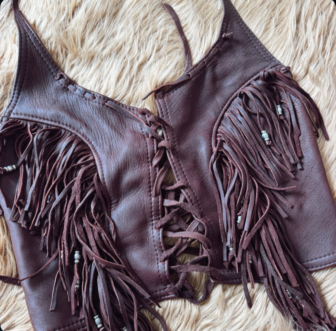 Vintage Burgundy Brown Leather Fringe Halter Top