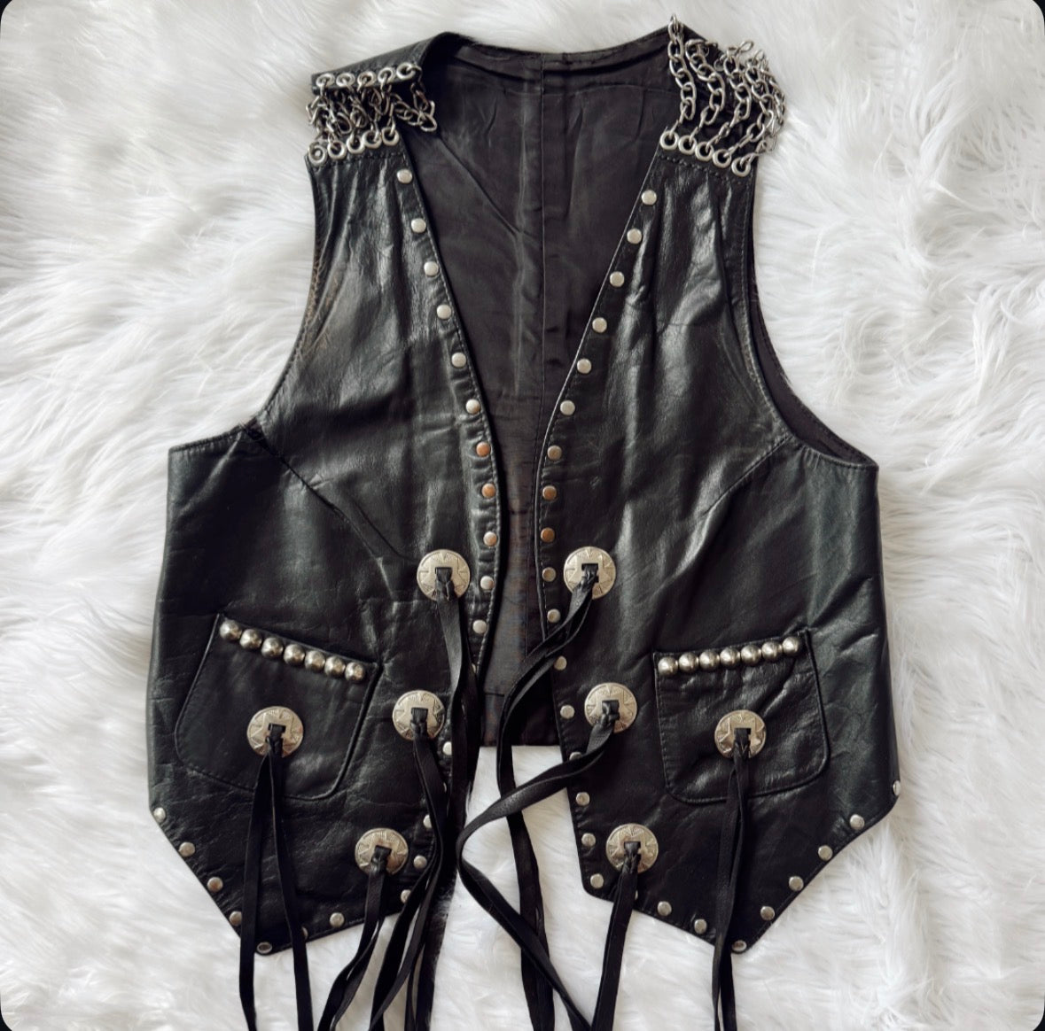 Vintage Black Leather Concho Vest