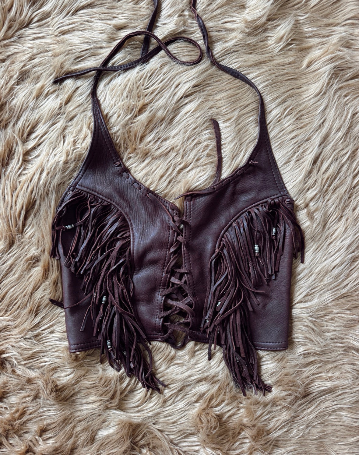 Vintage Burgundy Brown Leather Fringe Halter Top