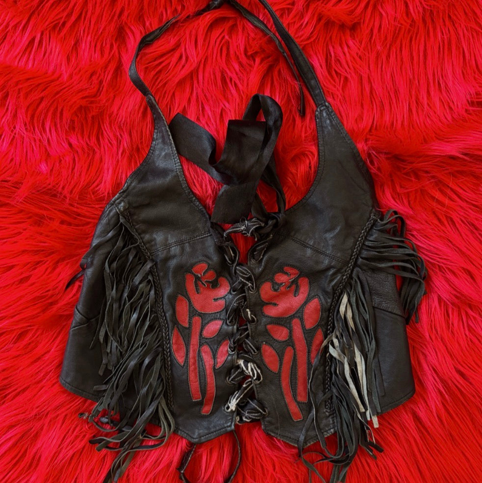 Vintage Rose Inlay Fringe Halter Top