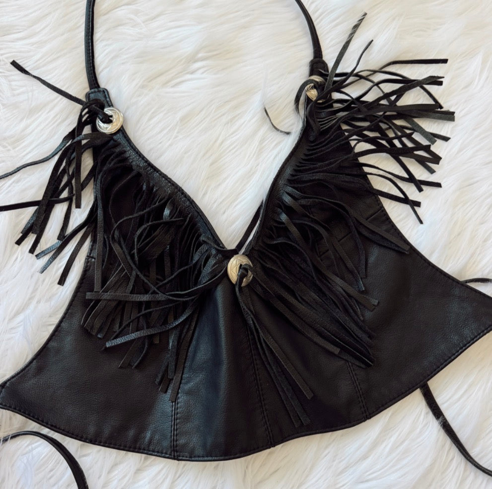 Vintage Black Fringe Concho Halter Top