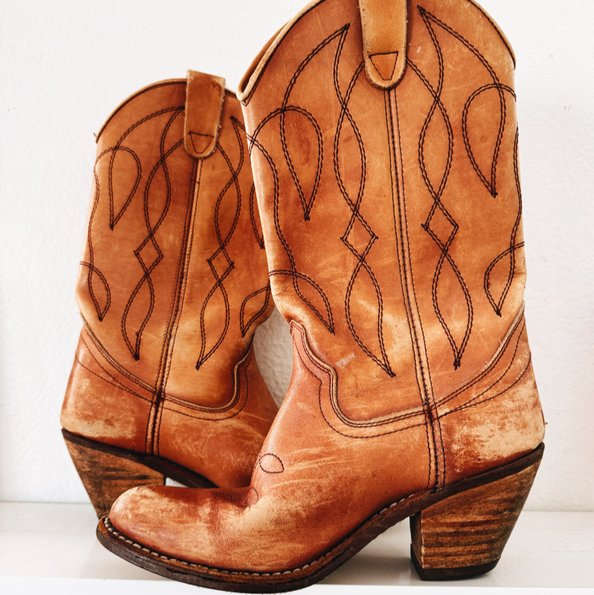 Vintage Tan Stitched Cowboy Boots