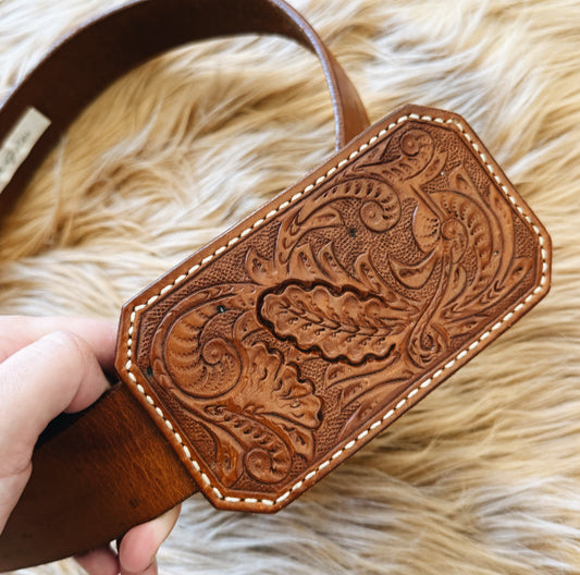 Vintage Tooled Leather Belt W/ Buckle