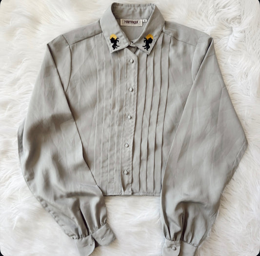 Vintage Horse Embroidered Gray Long Sleeve Top