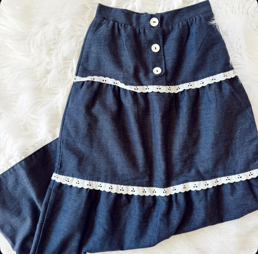 Vintage 1970s Denim & Eyelet Skirt