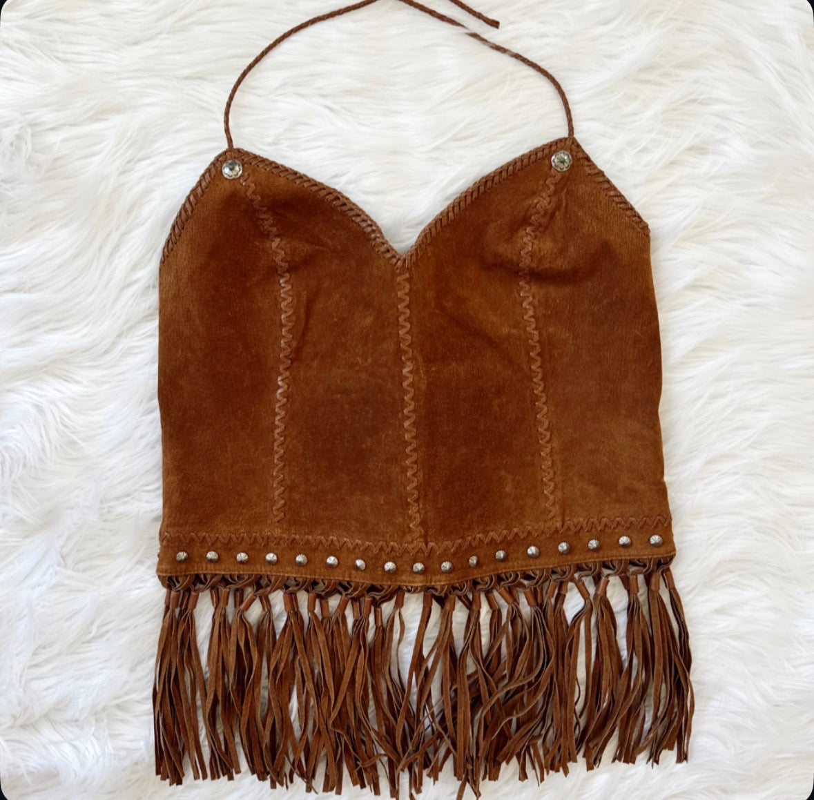 Vintage Suede Fringe Halter Top
