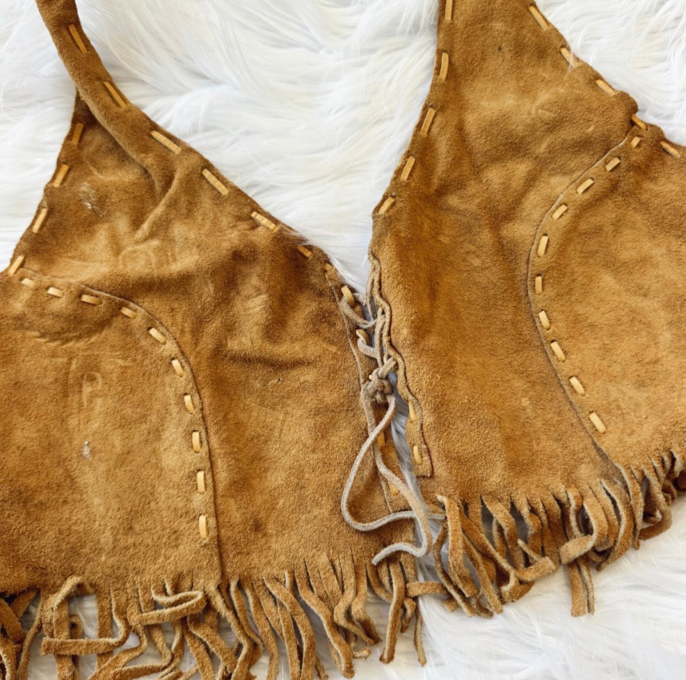 Vintage Suede Fringe Halter Top
