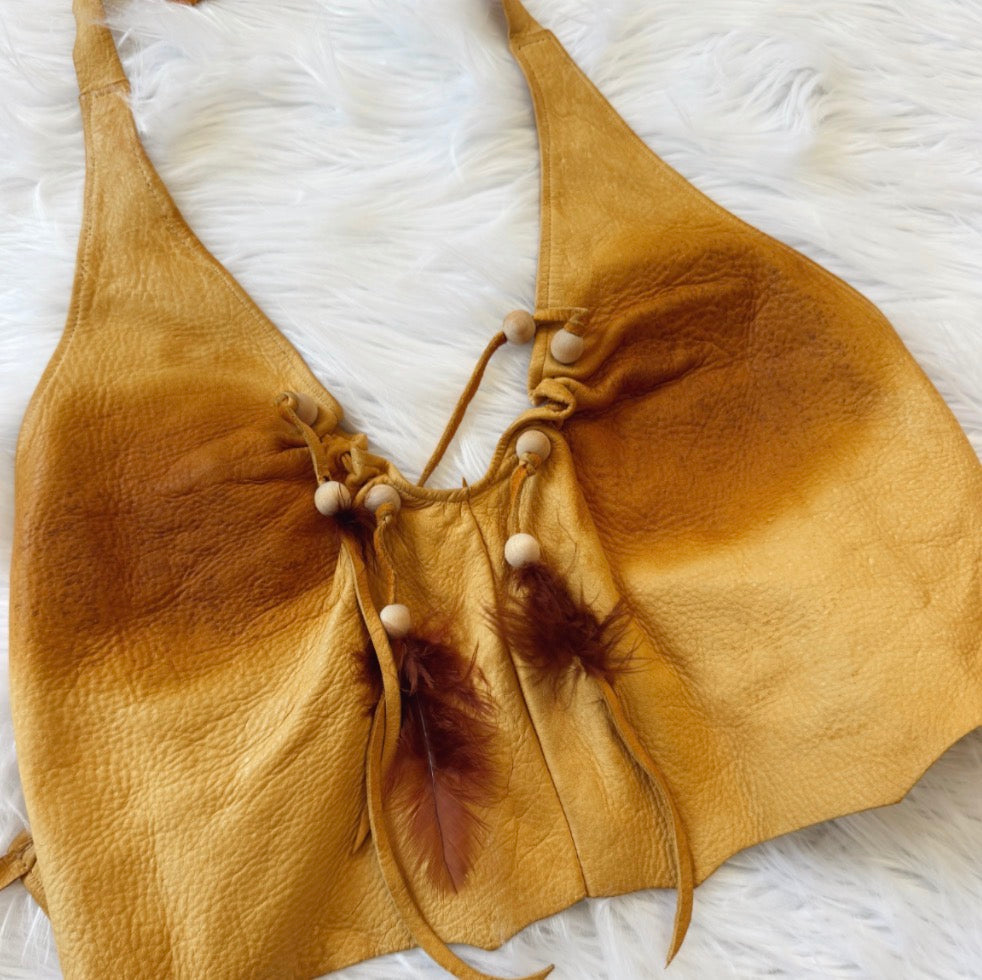 Vintage Leather Feather Halter Top