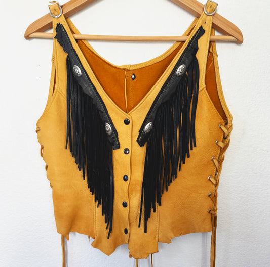 Vintage Leather Fringe Button Top