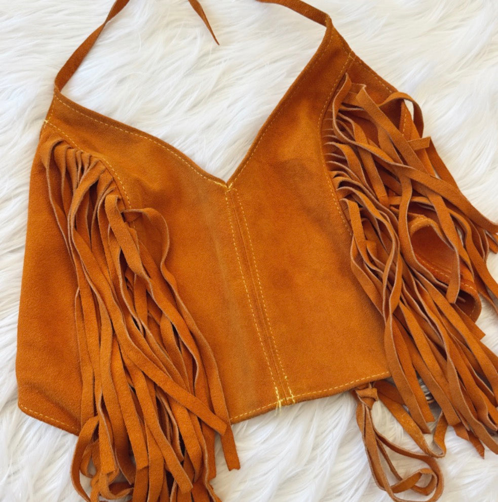Vintage Orange Suede Fringe Halter Top