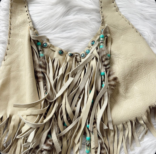 Vintage Cream Leather Fringe Halter Top