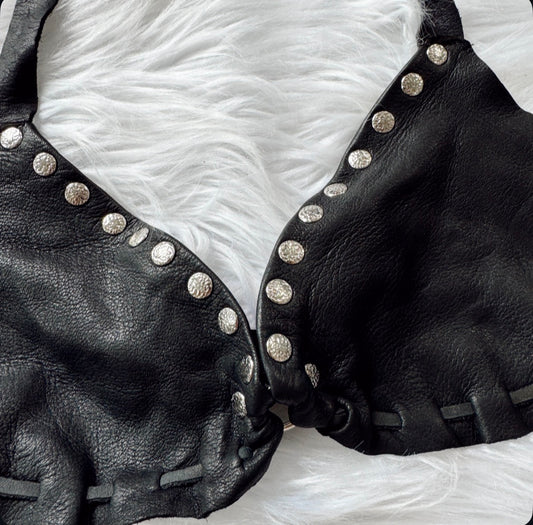 Vintage Black Leather Studded Halter Top