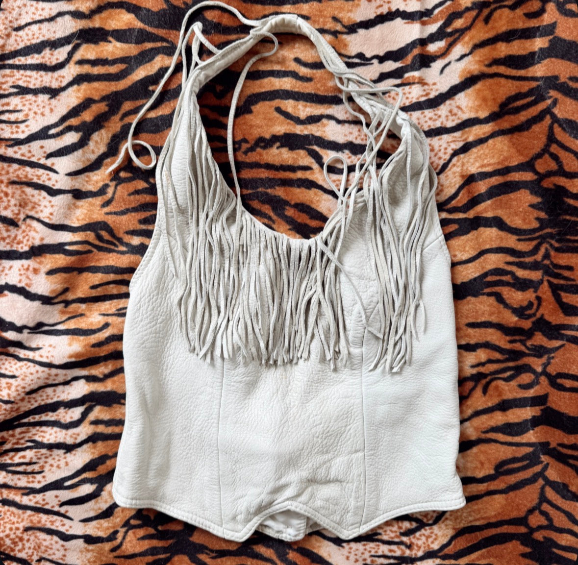 Vintage White Fringe Leather Halter Top