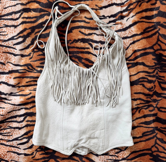 Vintage White Fringe Leather Halter Top