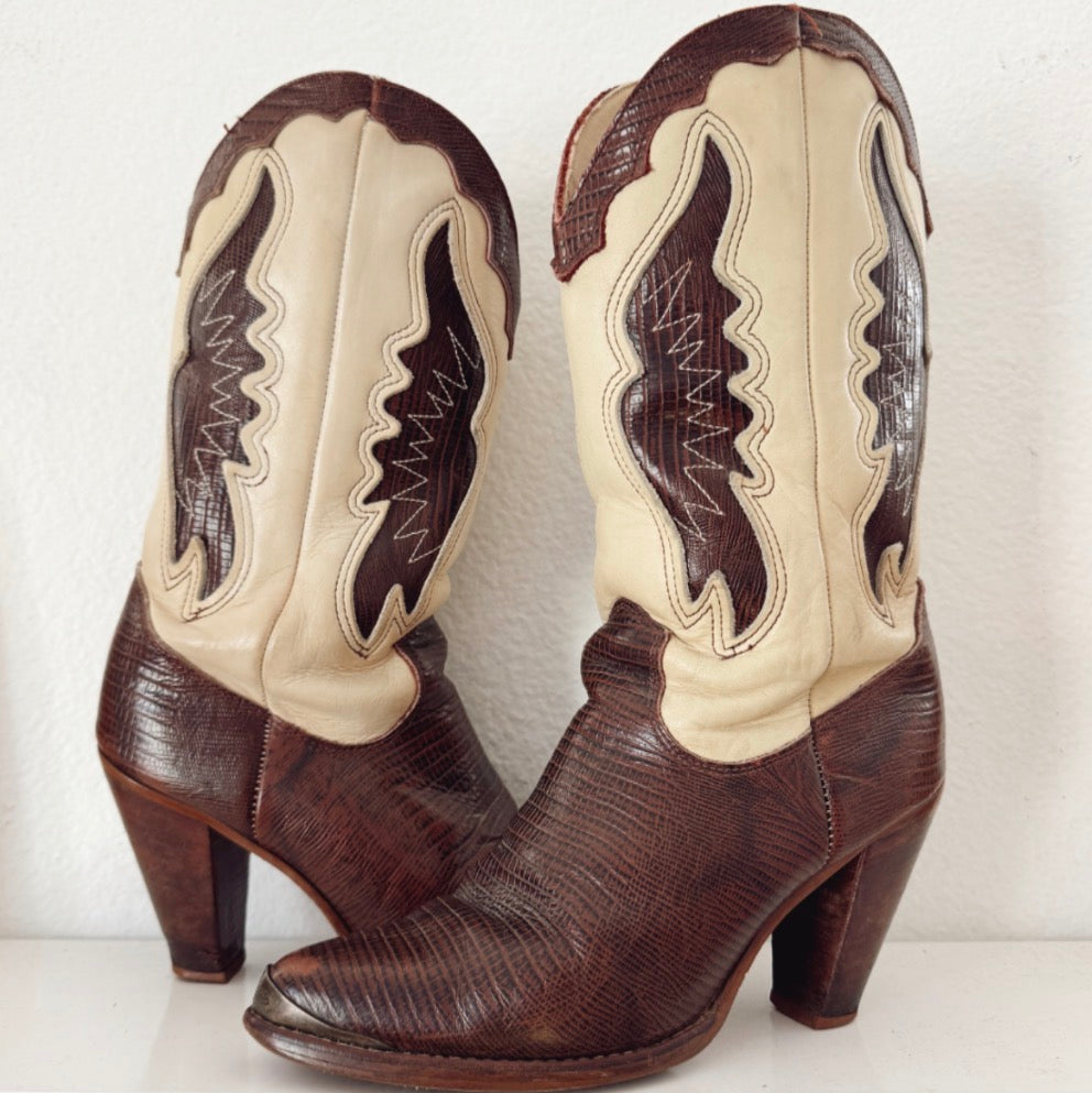 Vintage Brown & Cream Zodiac Cowboy Boots