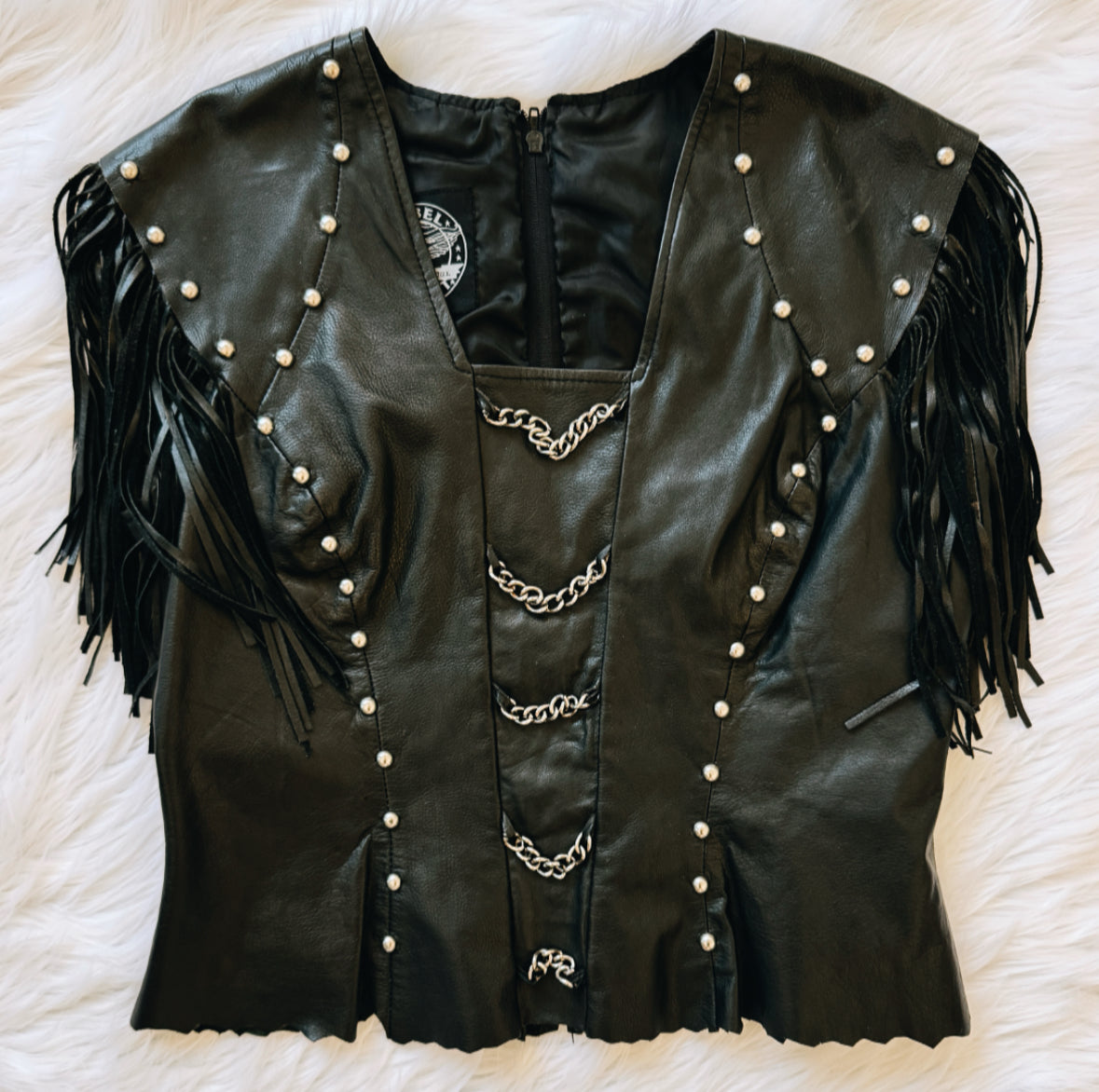 Vintage Black Leather Fringe Chain Top